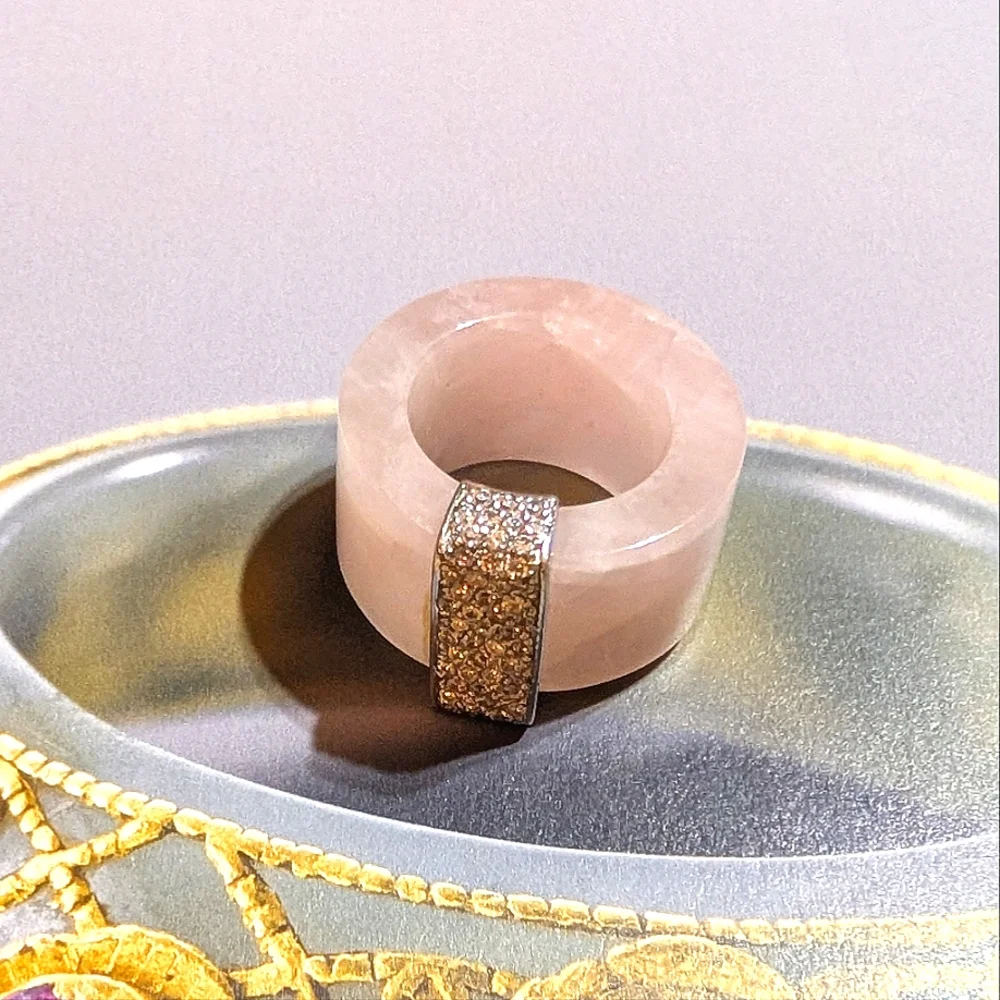 Vintage Myanmar Pink Jadeite Ring with CZ Accents - Picture 5 of 8